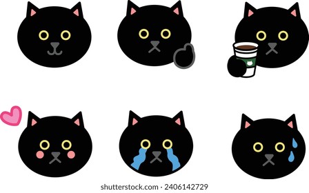 Various face sets of cartoon black cats. Vector illustration isolated on a transparent background. Includes six patterns.