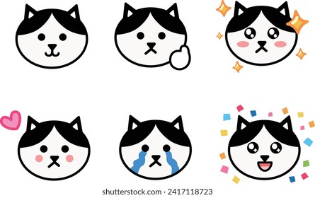 Various face sets of cartoon black and white cats. Vector illustration isolated on a transparent background. Includes six patterns.