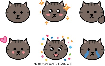 Various face sets of cartoon brown cats. Vector illustration isolated on a transparent background. Includes six patterns.
