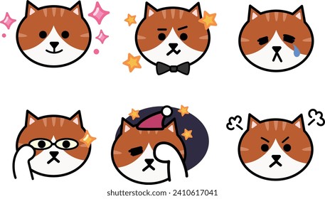 Various face sets of cartoon tabby cats. Vector illustration isolated on a transparent background. Includes six patterns.