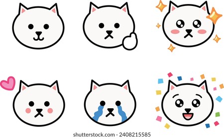 Various face sets of cartoon white cats. Vector illustration isolated on a transparent background. Includes six patterns.