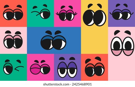 Various faces with different emotions pattern in groovy style. Cartoon facial expressions. Colorful geometric background. Mouth and eyes of doodle characters. Set of vector illustrations