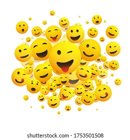 Various Faces, Emoticons - Lots of Laughing, Smiling, Winking Emoticons, 3D Vector Concept Illustration on White Background