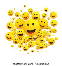 Various Faces, Emoticons - Lots of Laughing, Smiling, Winking Emoticons, 3D Vector Concept Illustration on White Background