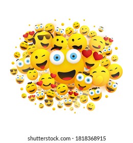 Various Faces, Emoticons - Lots of Laughing, Smiling, Winking Emoticons, 3D Vector Concept Illustration on White Background