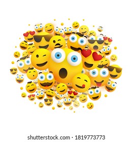 Various Faces, Emoticons - Lots of Laughing, Smiling, Winking Emoticons, 3D Vector Concept Illustration on White Background