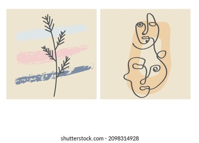 Diversas caras, hojas y formas abstractas. Ilustraciones vectoriales contemporáneas en fondos de color. Línea, concepto minimalista elegante. Perfecto para medios sociales, tarjetas, postales.
