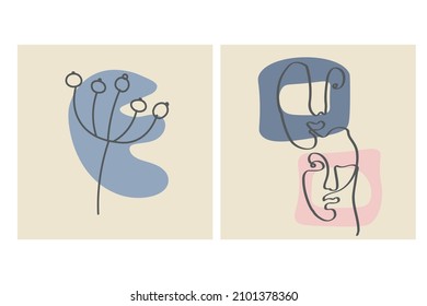 Various faces, leaves and abstract shapes. Contemporary vector illustrations on color backgrouds. Line, minimalistic elegant concept. Perfect for social media, cards, postcards.