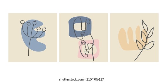 Various faces, leaves and abstract shapes. Contemporary vector illustrations on color backgrouds. Line, minimalistic elegant concept. Perfect for social media, cards, postcards.