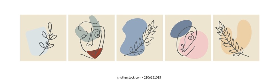 Various faces, leaves and abstract shapes. Contemporary vector illustrations on color backgrouds. Line, minimalistic elegant concept. Perfect for social media, cards, postcards.