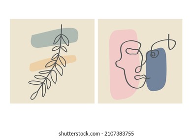 Various faces, leaves and abstract shapes. Contemporary vector illustrations on color backgrouds. Line, minimalistic elegant concept. Perfect for social media, cards, postcards.