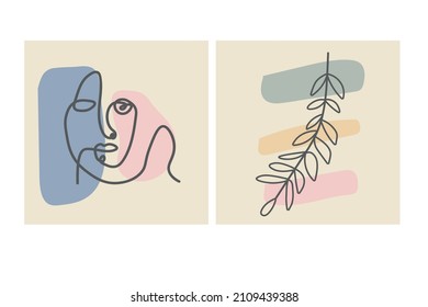 Various faces, leaves and abstract shapes. Contemporary vector illustrations on color backgrouds. Line, minimalistic elegant concept. Perfect for social media, cards, postcards.