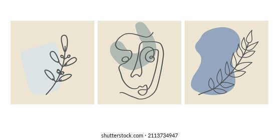 Diversas caras, hojas y formas abstractas. Ilustraciones vectoriales contemporáneas en fondos de color. Línea, concepto minimalista elegante. Perfecto para medios sociales, tarjetas, postales.