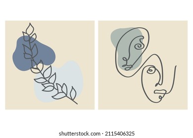 Various faces, leaves and abstract shapes. Contemporary vector illustrations on color backgrouds. Line, minimalistic elegant concept. Perfect for social media, cards, postcards.