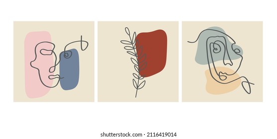 Diversas caras, hojas y formas abstractas. Ilustraciones vectoriales contemporáneas en fondos de color. Línea, concepto minimalista elegante. Perfecto para medios sociales, tarjetas, postales.
