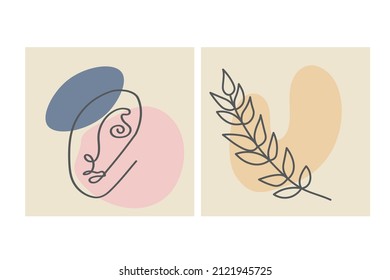 Diversas caras, hojas y formas abstractas. Ilustraciones vectoriales contemporáneas en fondos de color. Línea, concepto minimalista elegante. Perfecto para medios sociales, tarjetas, postales.