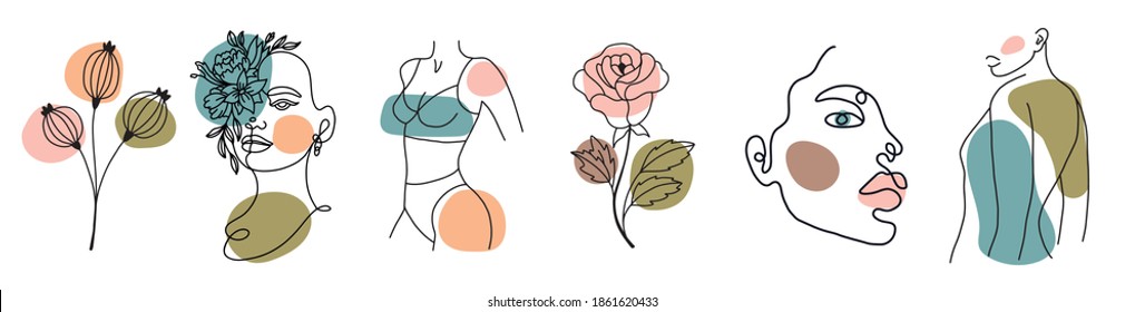 Various faces, leaves and body, abstract shapes. Ink painting style. Contemporary Hand drawn Vector illustrations. Continuous line, minimalistic elegant concept. All elements are isolated