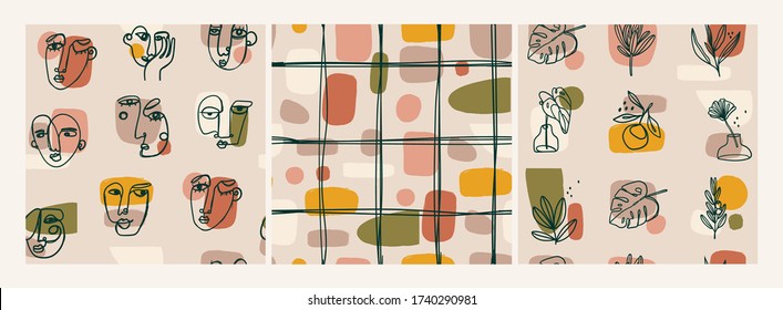 Various Faces, Leaves and Flowers, Abstract shapes. Ink painting style. Contemporary Hand drawn Vector Seamless Patterns. Backgrounds, Textures, Wallpapers. Minimalistic elegant concept. Pastel colors