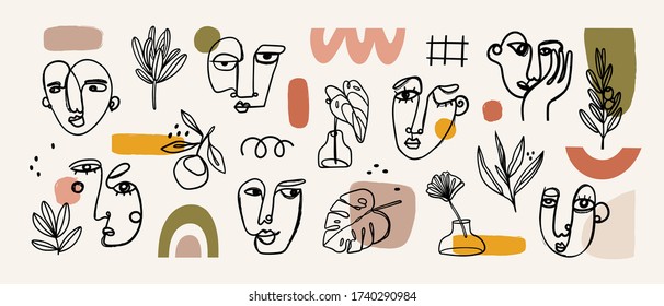 Various Faces, Leaves and Flowers, abstract shapes. Ink painting style. Contemporary Hand drawn Vector illustrations. Continuous line, minimalistic elegant concept. All elements are isolated