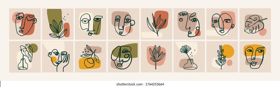 Various Faces, Leaves and Flowers, Abstract shapes. Ink painting style. Contemporary Hand drawn Vector illustrations. Continuous line, minimalistic elegant concept. All elements are isolated