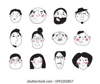 Various faces of people, sketch. Line art, hand-drawn graphics. Different men and women, girls and boys, different nationalities, Jew, Greek. Vector illustration, set in cartoon style