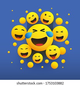 Various Faces with Tears of Joy - Laughing Crying Emoticons in Front of a Smartphone Screen, Vector Concept Illustration