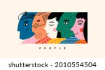 Various faces. Unusual characters in a row. Abstract people portraits. View from side. Collage of different profiles. Hand drawn colored trendy Vector illustration. Poster, print or banner template