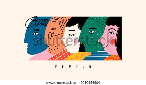 Various faces. Unusual characters in a row.
Abstract people portraits. View from side. Collage of different
profiles. Hand drawn colored trendy Vector illustration. Poster,
print or banner
template