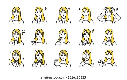 Various facial expression icon set of a long-haired young woman