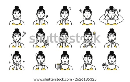 Various facial expression icon set of young woman with tied hair