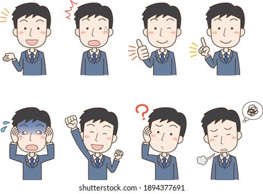 Various facial expression pose set illustrations of male office workers