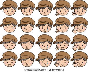 Various facial expression sets of a man wearing a hunting cap