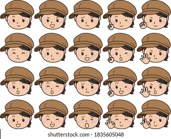 Various facial expression sets for women wearing hunting caps