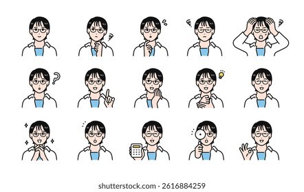 Various facial expression variation set of a young woman wearing glasses