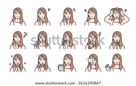Various facial expression variation set of a young woman with long hair