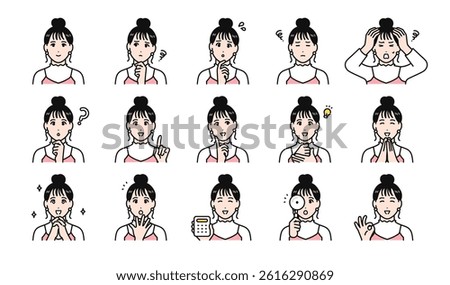 Various facial expression variation set of a young woman with her hair tied up