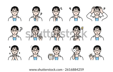Various facial expression variation set of a young woman wearing glasses