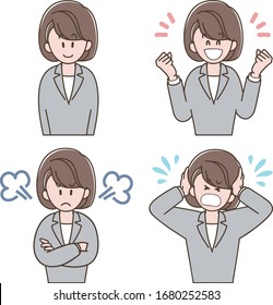 Various facial expression of woman in a gray suit, Vector illustration set