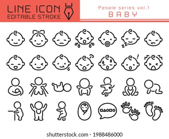 Various facial expressions of the baby vector icon set. Editable line stroke.