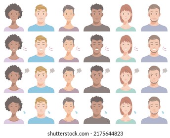 Various facial expressions of different races people. Smile, joy, anger, sadness. Flat vector illustration isolated on white background.