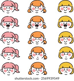 Various facial expressions girl face icon set