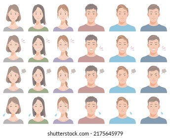 Various facial expressions of people. Smile, joy, anger, sadness. Flat vector illustration isolated on white background.