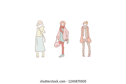 Various facial expressions and poses of 
fashionable girl. illustration with hand drawn or doodle style vector design