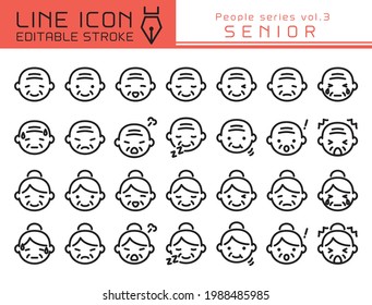 Various facial expressions of the senior vector icon set. Editable line stroke.
