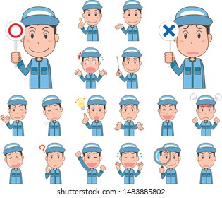 Various facial expressions set of men wearing work clothes