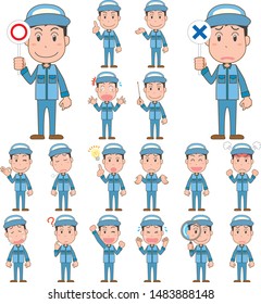 Various facial expressions set of men wearing work clothes