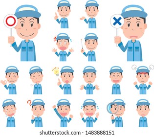 Various facial expressions set of men wearing work clothes