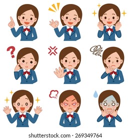 Various facial expressions set of schoolgirl