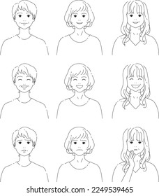 Various facial expressions of three middle-aged women | Line drawings