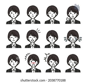 Various facial expressions of women in suits